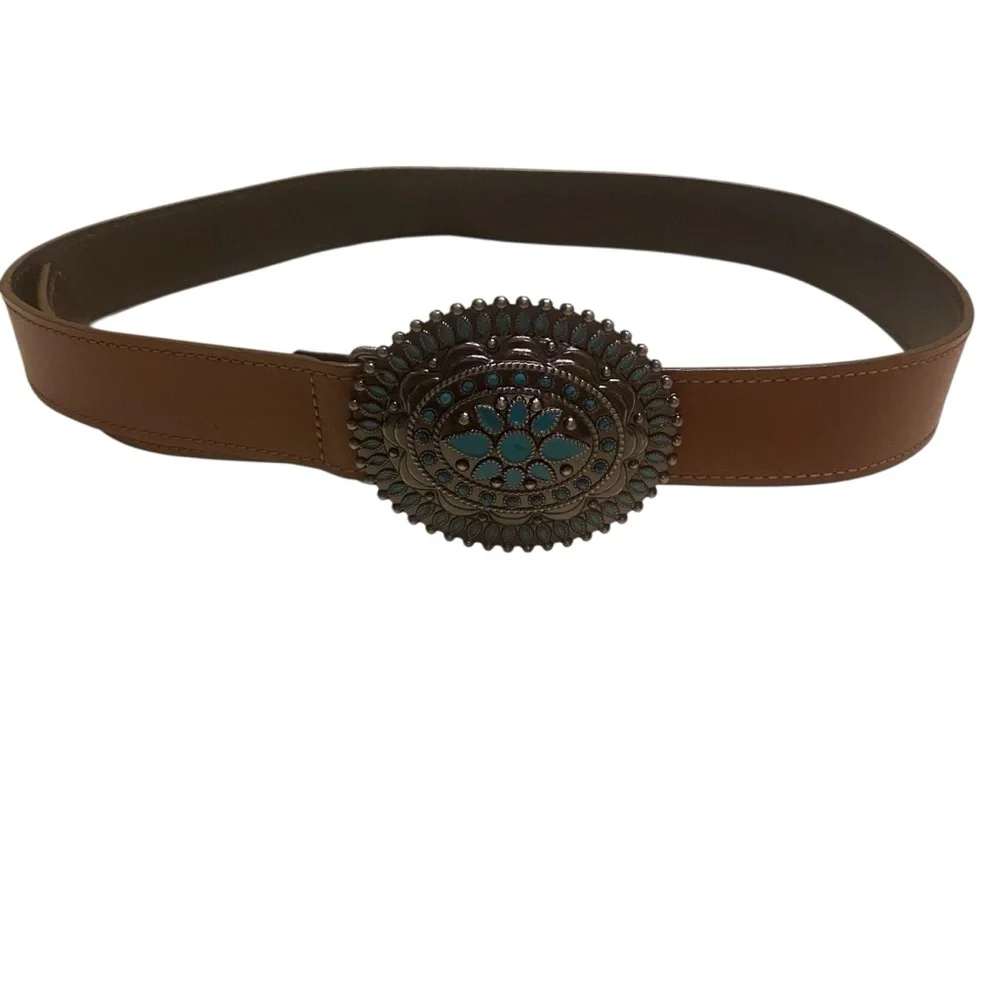 Womens Belt Large 32-39” Buckle Cowgirl Rodeo Boho Western Bonded Leather